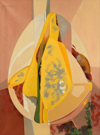 null Michel CORFOU (né en 1936), Ove marron et rose, huile sur toile signée en bas...