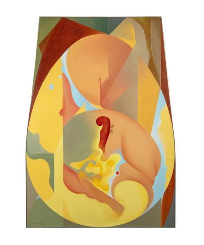 null Michel CORFOU (né en 1936), Gestation - Opus 1, huile sur panneau de forme ovoïde....