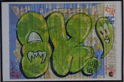 null QUIK (Lin FELTON) (né en 1958), NYC subway map, acrylique et marqueur sur une...
