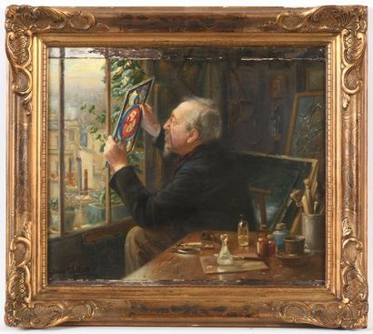Léonie MICHAUD (1873-?) Léonie MICHAUD (1873-?), homme mirant son vitrail, huile...