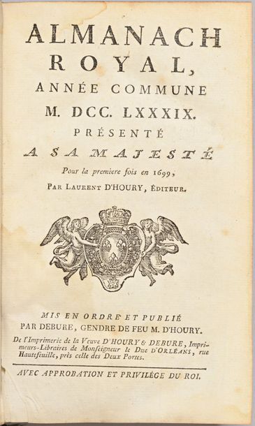 null Almanach Royal, année commune 1789 ; Paris, Debure, 1789 ; in-8°, maroquin rouge,...