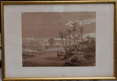 null Attribué à Auguste BORGET (1809-1877), Paysage des Indes, lavis et rehauts de...