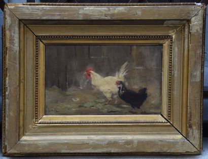 null Ecole FRANCAISE vers 1900, Couple de gallinacés, huile sur carton, monogramme....