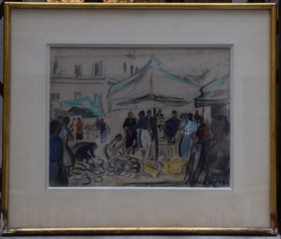 null Pierre FAVRE (1906-1983), scène de marché, aquarelle et pastel, signé. 23 x...