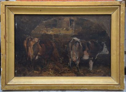 null VITAL COUTURIER (XIX-XX ème), Vaches à l'étable, huile sur panneau signée. 24,5...