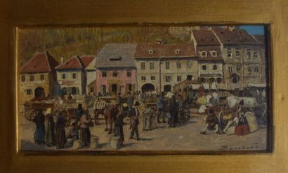 null Ludovic BASSARAB (1868-1933), Foire dans un village de Roumanie, huile sur panneau...