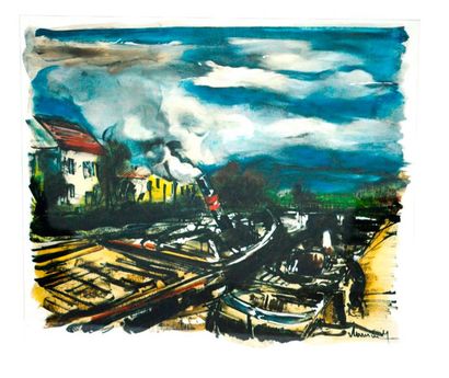 null D'après Maurice de VLAMINCK, Péniches sur un canal, reproduction lithographique...