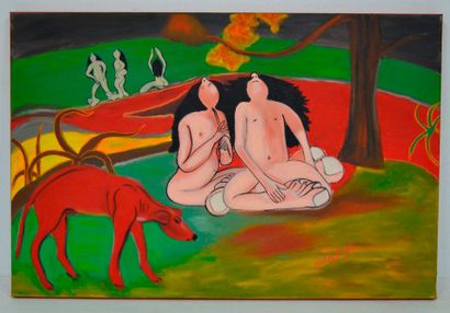 null Maliem de AVA (XX-XXI ème), Les Nélevés chez Gauguin, huile sur toile signée....