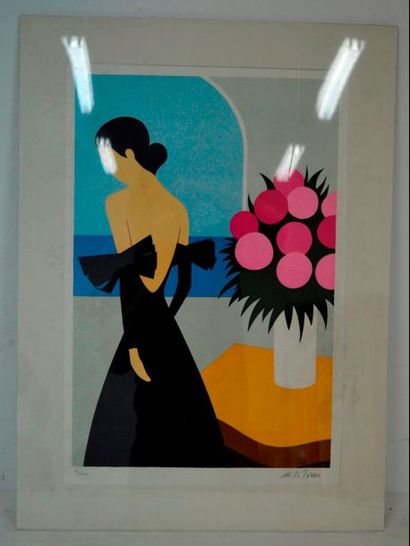 null Maria-Teresa TORRES (XX-XXI ème), Elégante au bouquet de fleurs, lithographie...