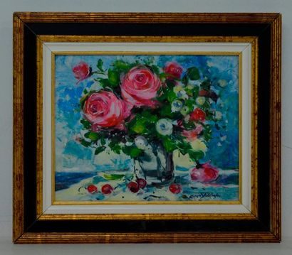 null Georges YOLDJOGLOU (né en 1933), Bouquet et cerises, huile sur toile signée....