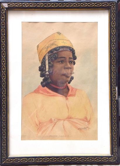 null A. RAMIANDRASOA (XX ème), Portrait d'une femme Tanala, aquarelle sur papier...