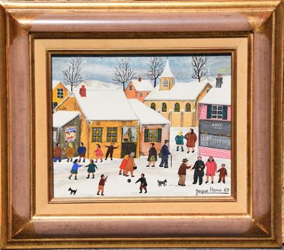 null Jacques HARA (né en 1933), Village animé sous la neige, huile sur toile signée...