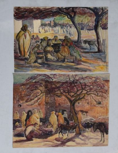 null Albert LEPREUX (1868-1959), Biskra : scène de marché et groupe, deux aquarelles....