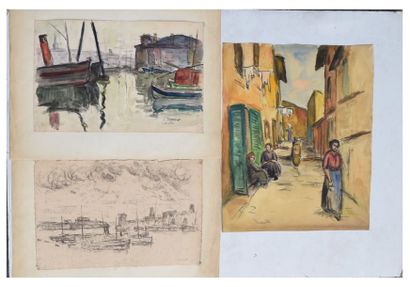 null Albert LEPREUX (1868-1959), Marseilles : Le Vieux Port, Le Panier, trois aquarelles...