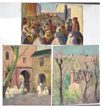 null Albert LEPREUX (1868-1959), Foule, Rue animée, Mosquée (Maroc ou Algérie), trois...