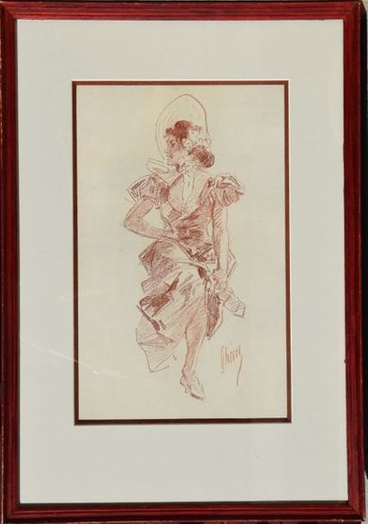 null Jules CHÉRET (1836-1932), Elégante souriant, sanguine signée. 34 x 22 cm.