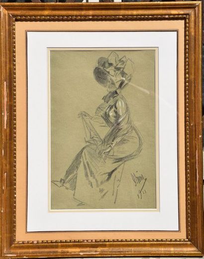 null Jules CHÉRET (1836-1932), Elégante à l'ombrelle, fusain et rehauts de blanc...