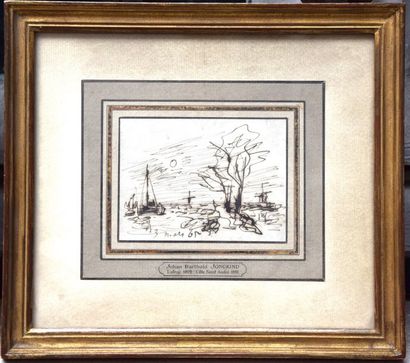 null Johan-Barthold JONGKING (1819-1891), Paysage aux moulins et soleil, plume sur...