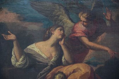 null Ecole ROMAINE du XVII ème, L'ange montrant la source à Agar, huile sur toile....
