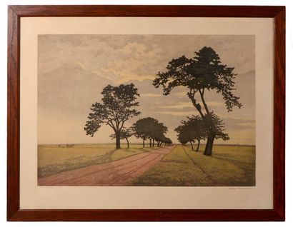 null Henri-Georges MEUNIER (1873-1922), chemin bordé d'arbres, estampe sur papier...