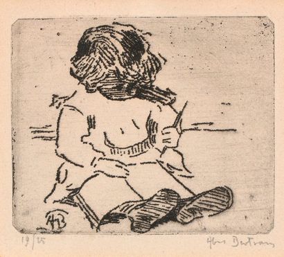 null Abel BERTRAM (1871-1954), Enfant écrivant, eau-forte signée et numérotée 19/25....