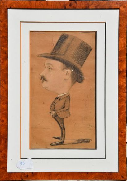 null Ecole FRANCAISE fin XIX-début XX ème, Caricature d'homme au haut de forme, fusain...