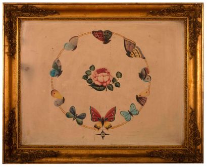 null COSTER (XIXème), MÉDAILLONS de papillons, deux lithographies gouachées, signée...