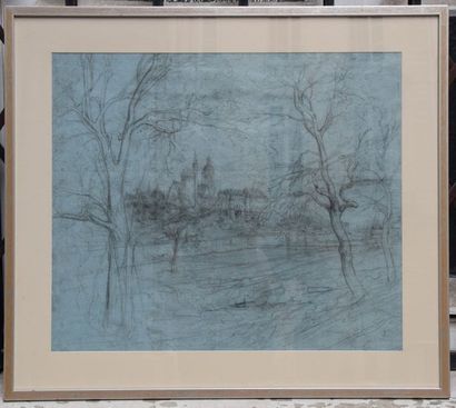 null François Louis FRANCAIS (1814-1897), Arbres et château dans le lointain, crayon...