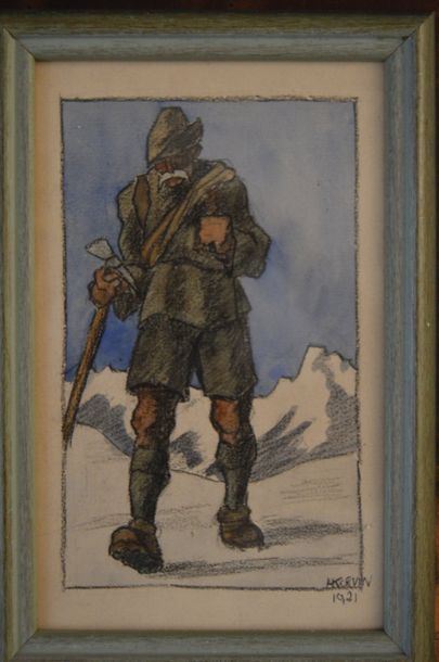 null Ecole MODERNE, Alpiniste, fusain et aquarelle, inscrit HKORVIN et 1921. 20 x...