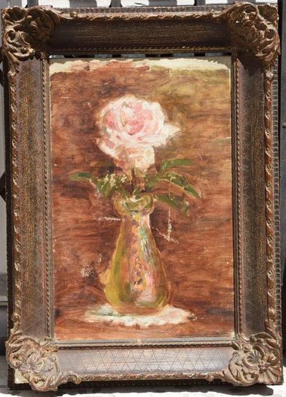 null Ecole FRANCAISE fin XIX ème, Rose dans un soliflore, huile sur toile. 45 x 30...