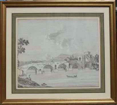null Ecole FRANCAISE du début du XIXème siècle, Paysage à la rivière et pont, plume...