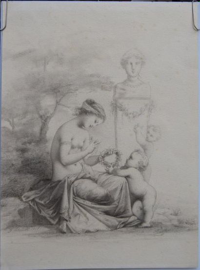 null Joséphine CALAMATTA (1817-1893), femme tressant une couronne à un Amour, crayon...