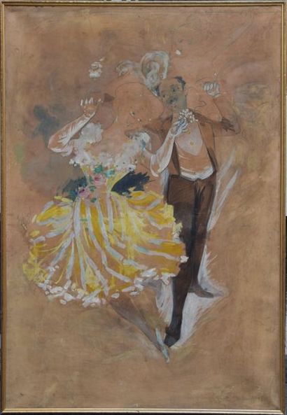 null Jules CHÉRET (1836-1932), Deux danseurs, huile et dessin sur carton marouflé...