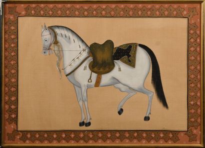 null Ecole INDIENNE du XX ème, cheval, peinture sur soie. 79 x 110 cm.