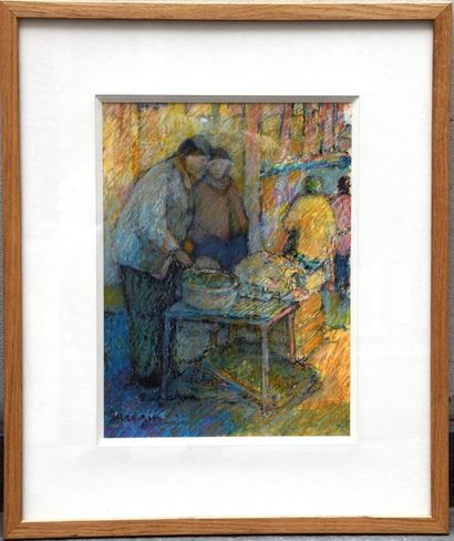 null Michel SARAZIN (né en 1942), Scène de Marché, pastel gras signé. 36 x 27 cm...