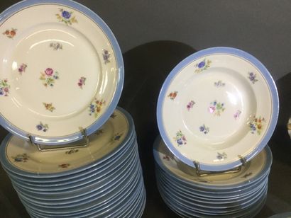 null B.F, White porcelain service with flower decoration, gilding and blue border...