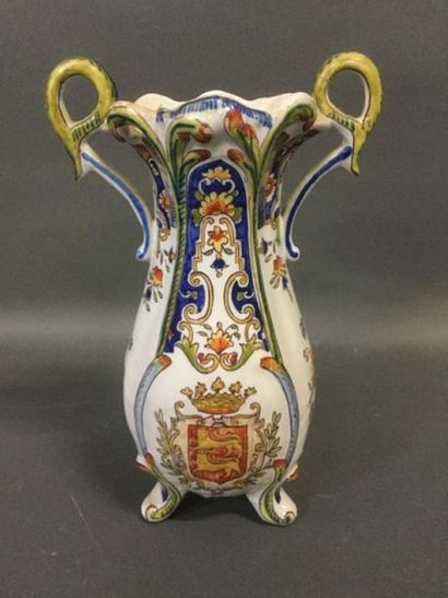 null BLONVILLE-SUR-MER, Earthenware VASE with handles with polychrome decoration...