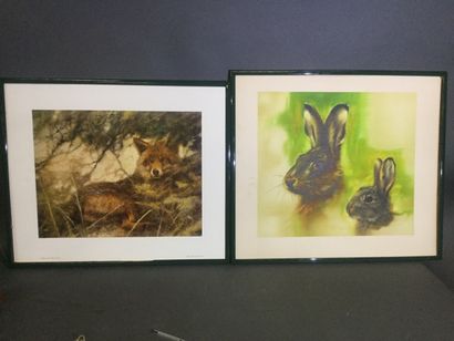 null Une lithographie et une impression figurant des lièvres et un renard, 50 x 60...
