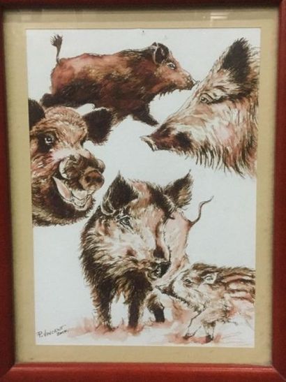 null VINCENT Philippe (XX) "Boars" - drawing with sepia ink - SBG - dated 2000 -...