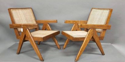  JEANNERET Pierre (1896-1967), Pair of armchairs model said "Cane and teak wood Easy...
