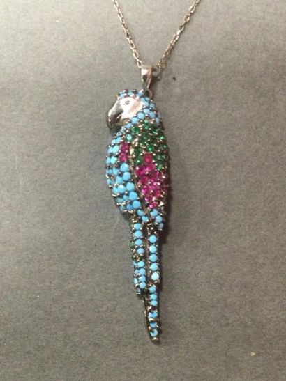 null Fancy PENDANT, representing a parrot, decorated with multicoloured stones, silver...