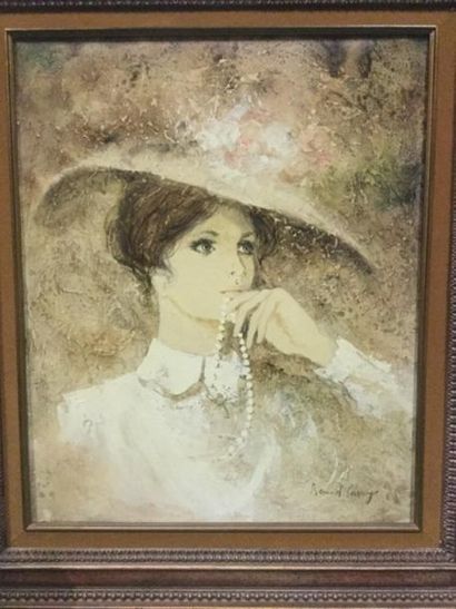 null BERNARD CHARROY, "Portrait de dame au collier de perle" HST 46 x 38 cm