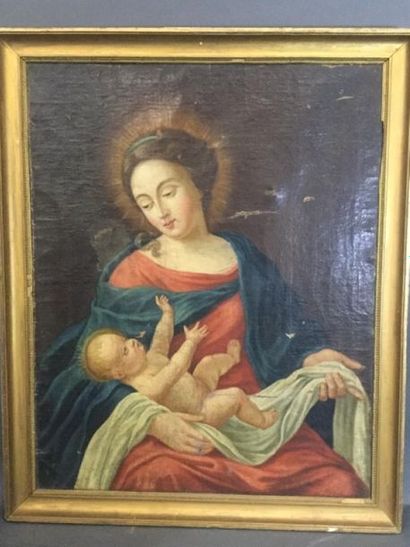 null Ecole du XVIIIème, Vierge à l'enfant, HST, dim. 80 x 65 cm. (Restauration et...