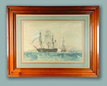 null Louis LEBRETON (1818-1866); "Flotte de bateaux", Lithographie réhaussée d'aquarelle,...