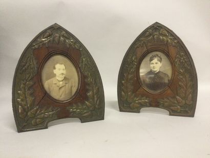 null Pair of Art Nouveau period photo frames with embossed copper decoration of fruits...