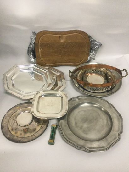 set of silver and pewter PLATES, a trivet...
