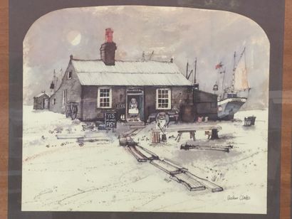  Graham CLARKE (1941), Maison de pêcheur sous la neige, Lithographie, SBD, dim. 31...