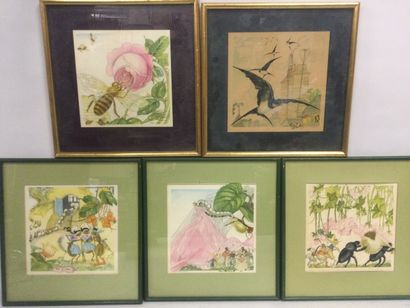 null Félix LORIOUX (1872-1964), Set of 5 lithographs under glass, 3 of them signed,...