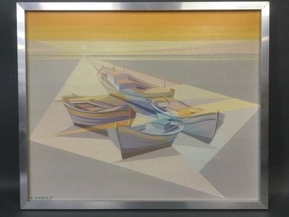 null DEGARDIN Raymond (XX) "Les barques", HST, SBG, datée 1977, dim. 48 x 56 cm.