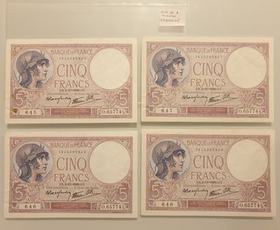 null BILLET FRANCE - Lot de 4 billets numéros consécutifs - 5 Francs Violet - 02-11-1939...